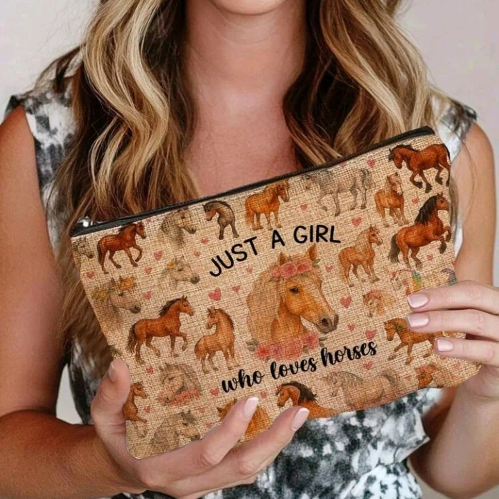 Just A Girl Who Loves Horses Equestrian Print Cosmetic Zip Pouch Purse